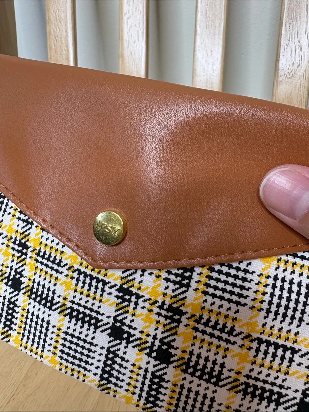 Ipsy Women's Plaid Clutch makeup bag with Brown Faux Leather Flap